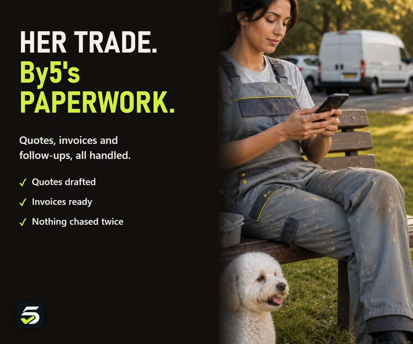 Kitchen fitter taking a break with her dog while By5 handles the paperwork