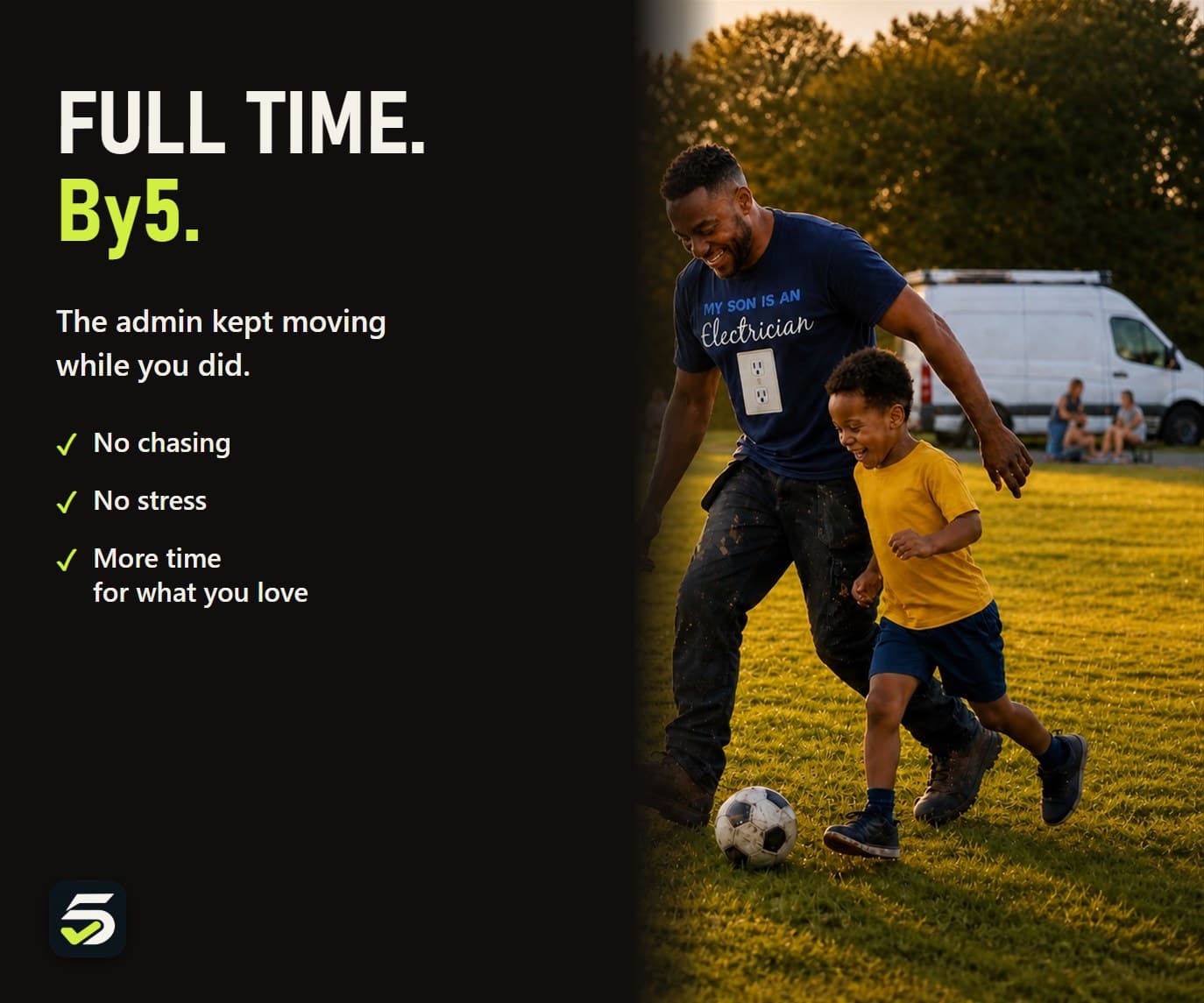 Heating engineer playing football with his son after work