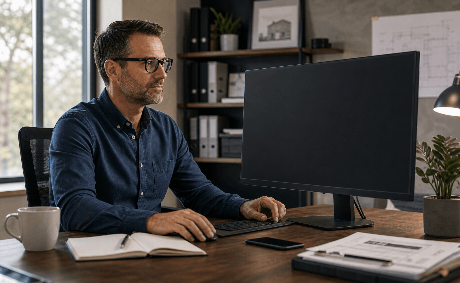 Trade business owner at a desk facing evening admin