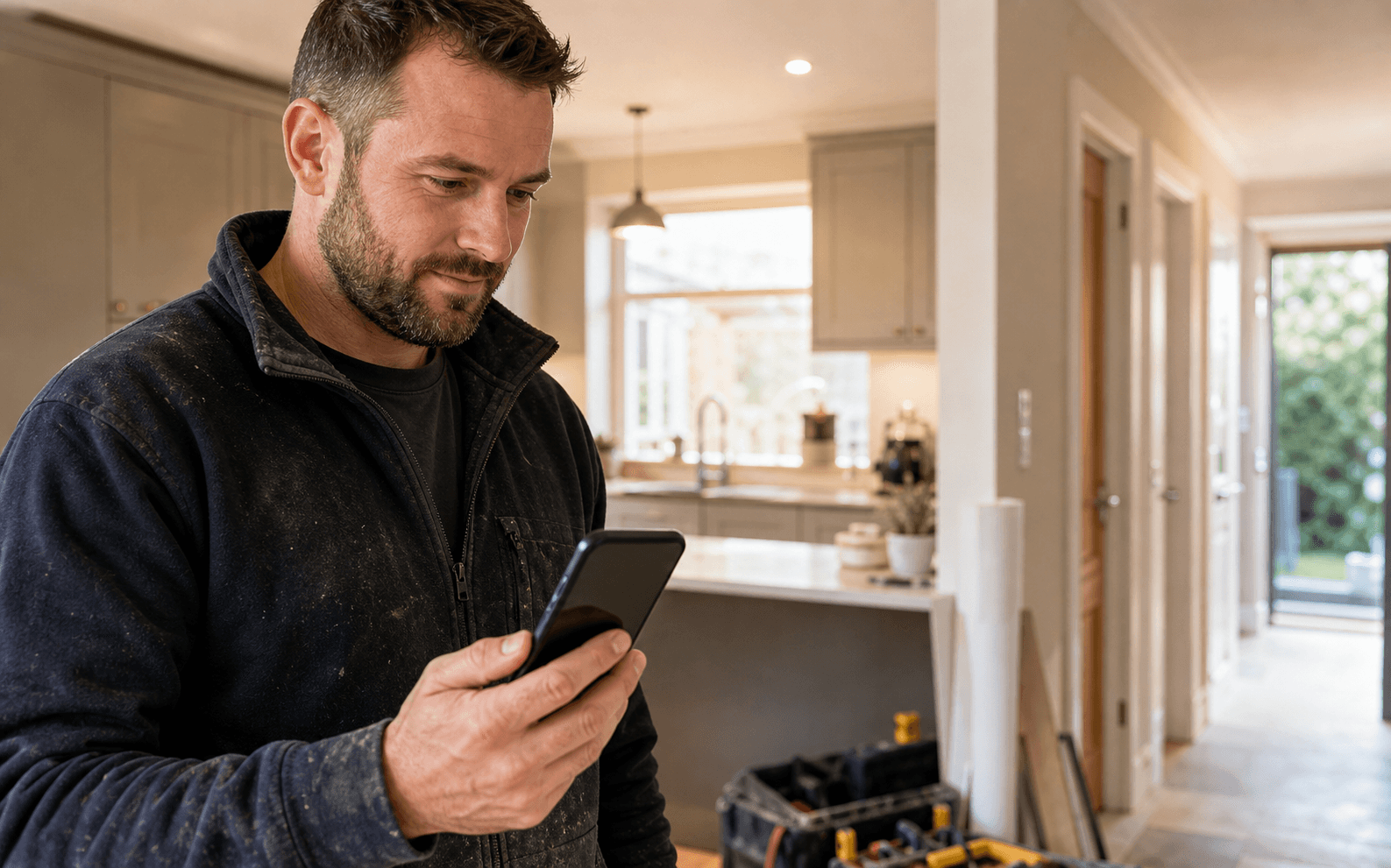 Tradesperson in a home looking at a phone during a busy job