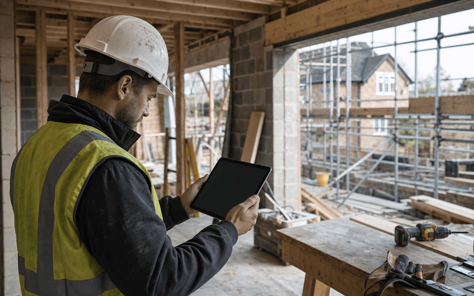 Tradesperson on a building site checking a tablet
